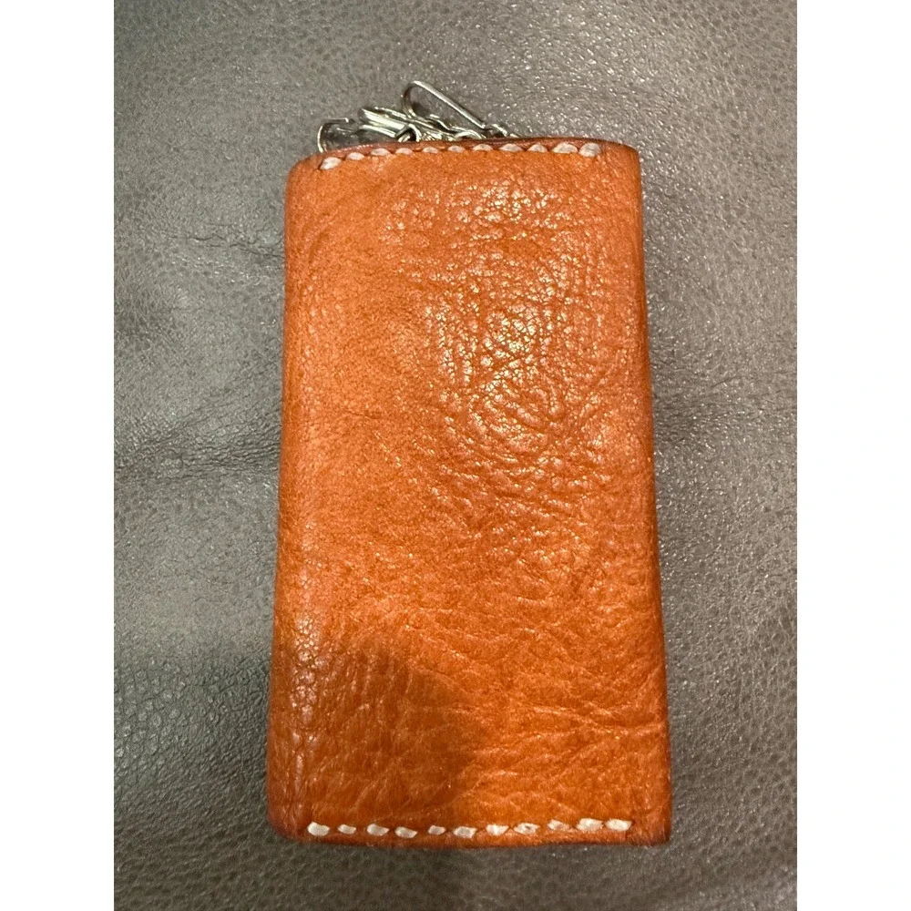 Handmade Burnt Orange Pebbled Leather Tri-Fold Key‎ Case with 3 Hooks & Snap
